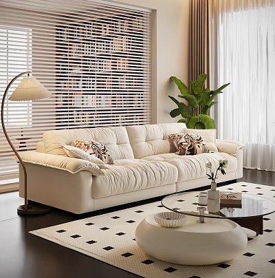 Beige Sofa and Coffee Table Set with Throw Pillows Floor Lamp Blinds and Green Plant 3d model