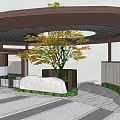 Modern Entrance Gate Design With Wooden Canopy Greenery Large Tree And White Sculpture