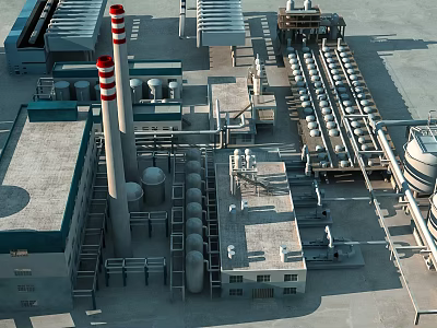 Large Industrial Factory Complex With Red And White Striped Chimneys Storage Tanks And Steel Pipes 3d model
