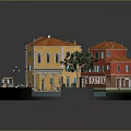 Cartoon Scene of Colorful Canal Town with Orange Roofs Balconies and Small Boats