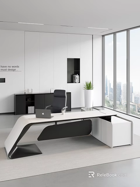 Modern Black And White Office Desk With Laptop Cup And Potted Plant By Large Window 3d model 