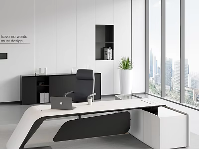 Modern Black And White Office Desk With Laptop Cup And Potted Plant By Large Window 3d model