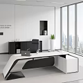 Modern Black And White Office Desk With Laptop Cup And Potted Plant By Large Window