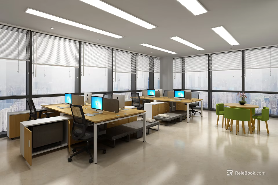 Bright Modern Public Office Space With Workstations Computers Large Windows Natural Light And Lounge Area 3d model