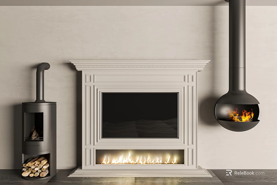 White Decorative Fireplace With Black Hearth Glowing Base Wood Logs And Hanging Stove 3d model 