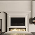 White Decorative Fireplace With Black Hearth Glowing Base Wood Logs And Hanging Stove
