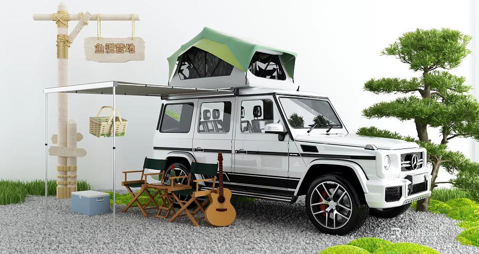 White Off-road Vehicle With Green Roof Tent And Camping Gear For Outdoor Trips 3d model 