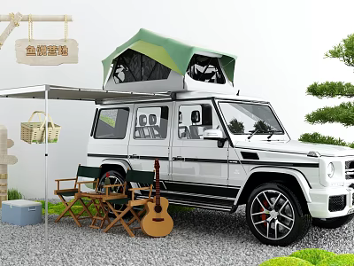 White Off-road Vehicle With Green Roof Tent And Camping Gear For Outdoor Trips 3d model