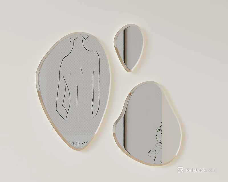 Decorative Mirrors with Irregular Shapes Gold Frames on Light Colored Wall and Artistic Reflections 3d model 