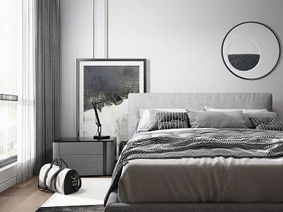 Modern Double Bed Bedroom Interior With Gray Bedding Nightstand And Round Mirror 3d model