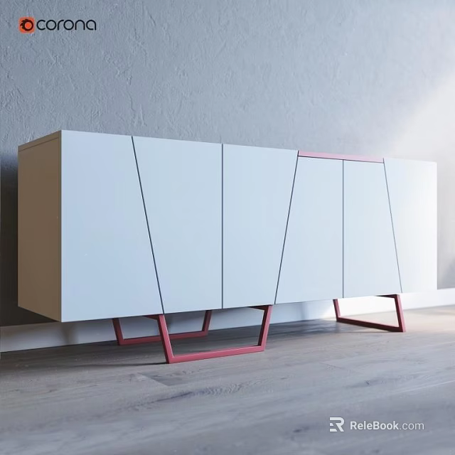Modern White TV Cabinet With Geometric Door Design And Red Metal Legs 3d model 