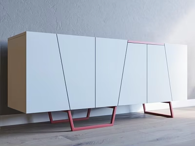 Modern White TV Cabinet With Geometric Door Design And Red Metal Legs 3d model