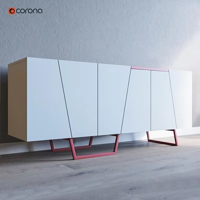 Modern White TV Cabinet With Geometric Door Design And Red Metal Legs 3d model