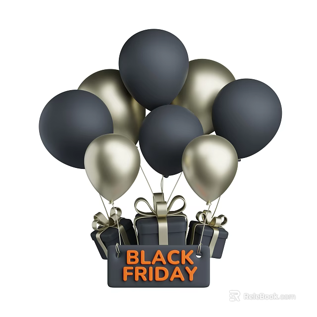 Black Friday Decorative Ornament Set Featuring Black Gold Balloons And Gift Boxes 3d model 