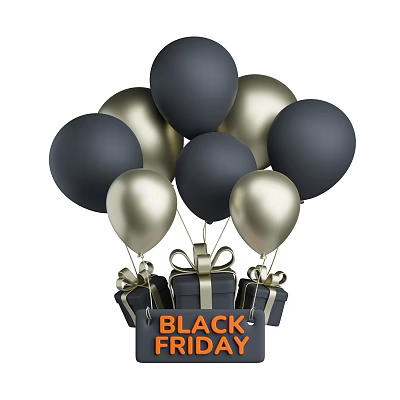 Black Friday Decorative Ornament Set Featuring Black Gold Balloons And Gift Boxes 3d model