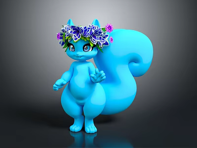 Cute 3D Blue Squirrel Character Wearing Purple And Pink Flower Crown 3d model