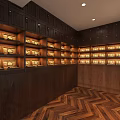 Cigar Store Interior With Cigar Display Shelves Seating Area Mannequin And Wooden Cabinets