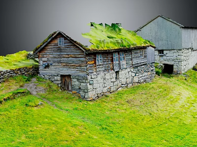 Traditional Wooden House With Grass Roof Stone Walls And Adjacent Building In Green Field 3d model