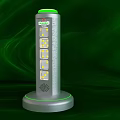 Silver Columnar Device With Green Top And Yellow Indicator Lights On Green Wavy Background