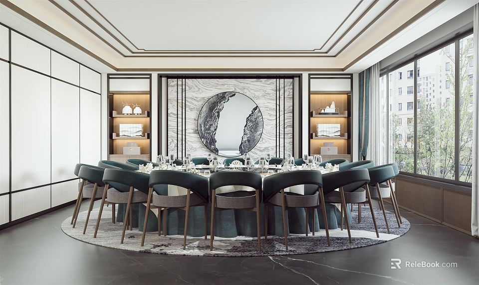 Elegant Private Dining Room With Round Dining Table Green Chairs Wall Art And Display Cabinets 3d model 