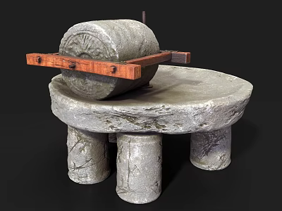 Rustic Garden Ornament Featuring Stone Mill With Wooden Handle And Pillar Base 3d model