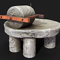 Rustic Garden Ornament Featuring Stone Mill With Wooden Handle And Pillar Base