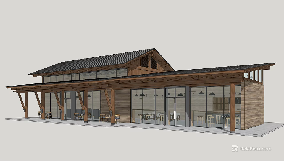 Modern Restaurant Exterior With Wooden Structure Black Roof Large Glass Windows And Outdoor Seating 3d model 