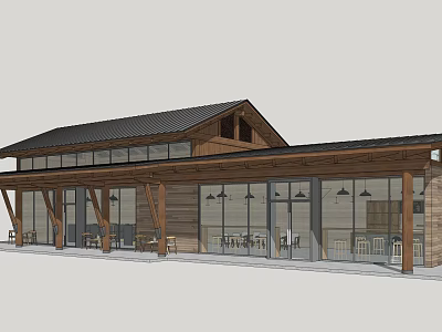 Modern Restaurant Exterior With Wooden Structure Black Roof Large Glass Windows And Outdoor Seating 3d model
