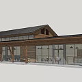 Modern Restaurant Exterior With Wooden Structure Black Roof Large Glass Windows And Outdoor Seating