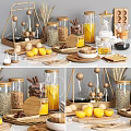 Stylish Kitchen Utensils With Glass Jars Wooden Lids Oranges Spices And Cutting Boards