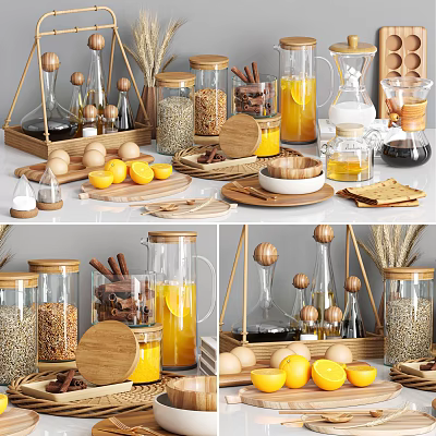 Stylish Kitchen Utensils With Glass Jars Wooden Lids Oranges Spices And Cutting Boards 3d model