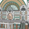 Vintage Train Station Interior Design With Arched Ceiling Large Windows And Staircase 3d model