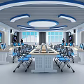 Modern School Classroom Featuring Computers Blue Chairs White Desks Wall Screens and Blue Ceiling Lights