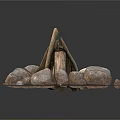 Natural Scenic Outdoor Fire Pit with Stacked Logs and Surrounding Stones