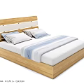 Modern Simple Double Bed With Wooden Headboard And Striped Bedding 3d model