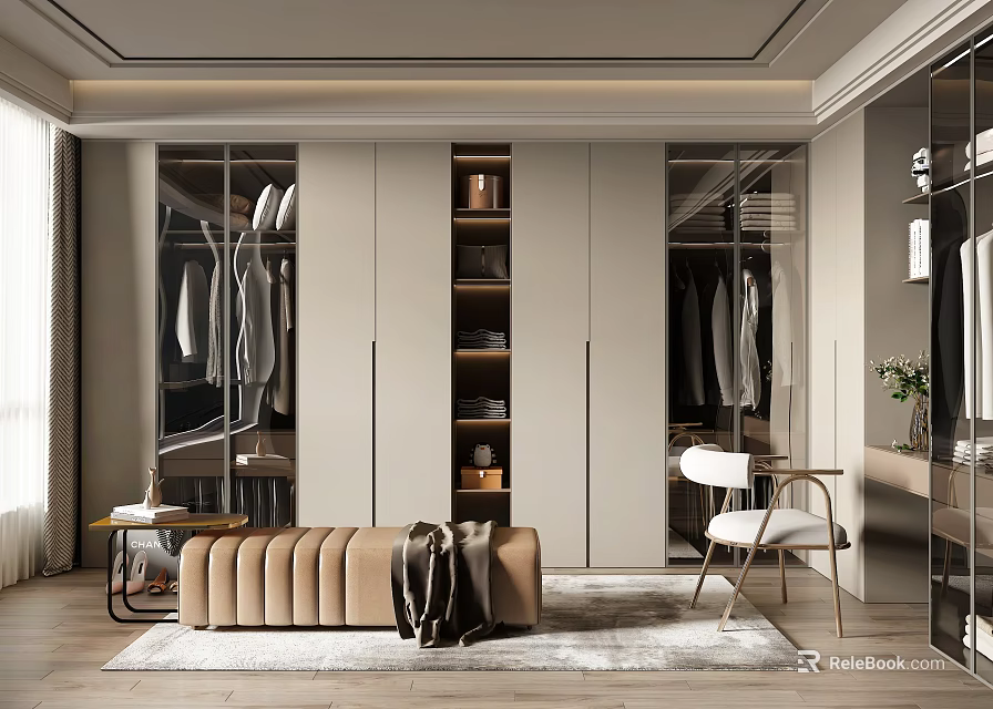 Modern Minimalist Walk in Closet Interior With Storage And Seating 3d model 