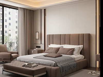 Modern Bedroom With Tufted Headboard White Linens Gray Blanket Floor Lamp And Building View 3d model