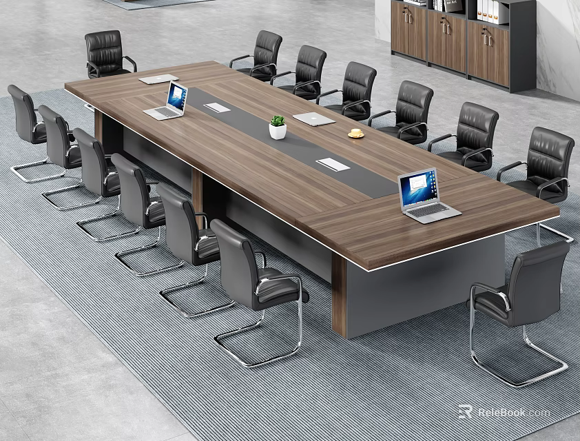 Modern Office Conference Table With Black Chairs Laptop Green Plant Documents And Gray Carpet 3d model 