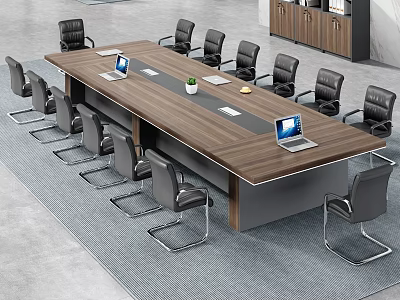 Modern Office Conference Table With Black Chairs Laptop Green Plant Documents And Gray Carpet 3d model