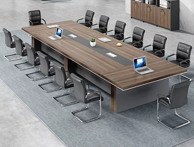 Modern Office Conference Table With Black Chairs Laptop Green Plant Documents And Gray Carpet 3d model