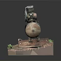 Old Rusted Vintage Industrial Equipment Model with Dirt and Grass Base