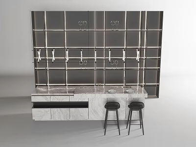 Modern Bar Counter With Glass Wine Racks Hanging Glass Holders And Black Bar Stools 3d model