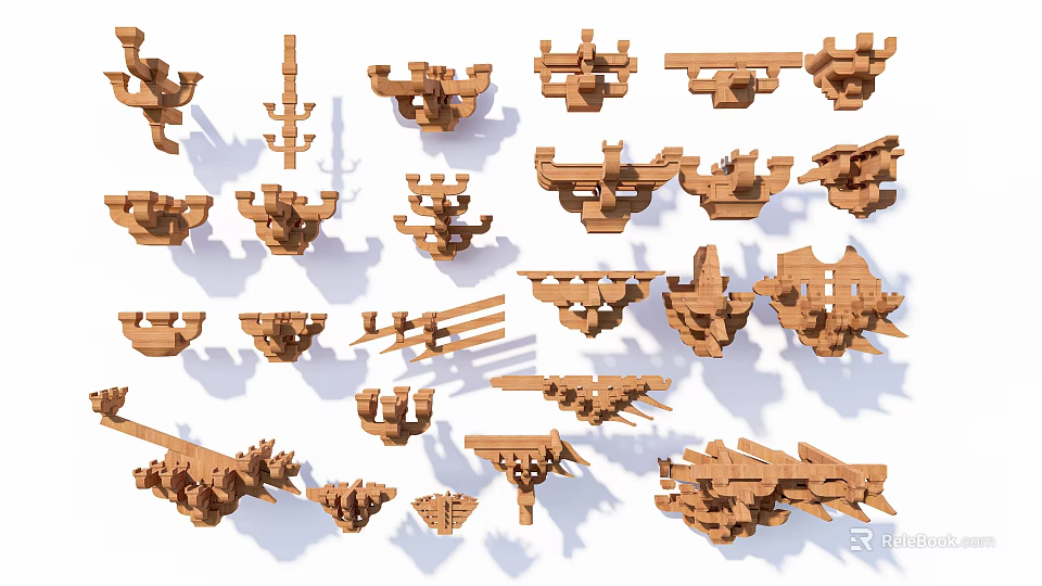 Traditional Wooden Architectural Components With Various Structural Designs And Classic Craftsmanship 3d model