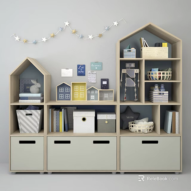 House Shaped Entryway Side Cabinet With Console Storage Shelves Baskets Star Garland And Decorative Paintings 3d model 