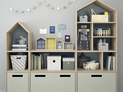 House Shaped Entryway Side Cabinet With Console Storage Shelves Baskets Star Garland And Decorative Paintings 3d model