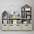 House Shaped Entryway Side Cabinet With Console Storage Shelves Baskets Star Garland And Decorative Paintings