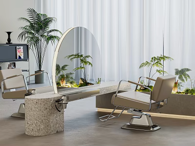 Modern Barbershop Interior With Round Mirror Stone Workbench Barber Chairs Background Plants And White Curtains 3d model