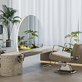 Modern Barbershop Interior With Round Mirror Stone Workbench Barber Chairs Background Plants And White Curtains