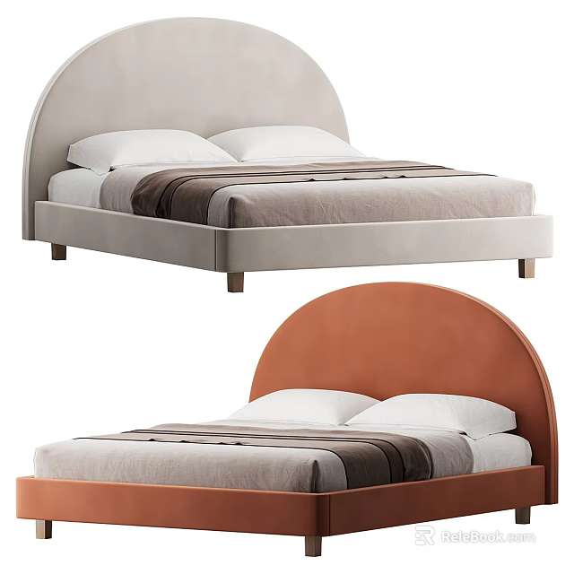 Upholstered Double Bed with Arched Headboard Light Gray and Orange Linen Sheets White Pillows 3d model
