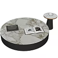 Round Modern Coffee Table White Marble Top Black Metal Frame Styled with Tray and Magazine